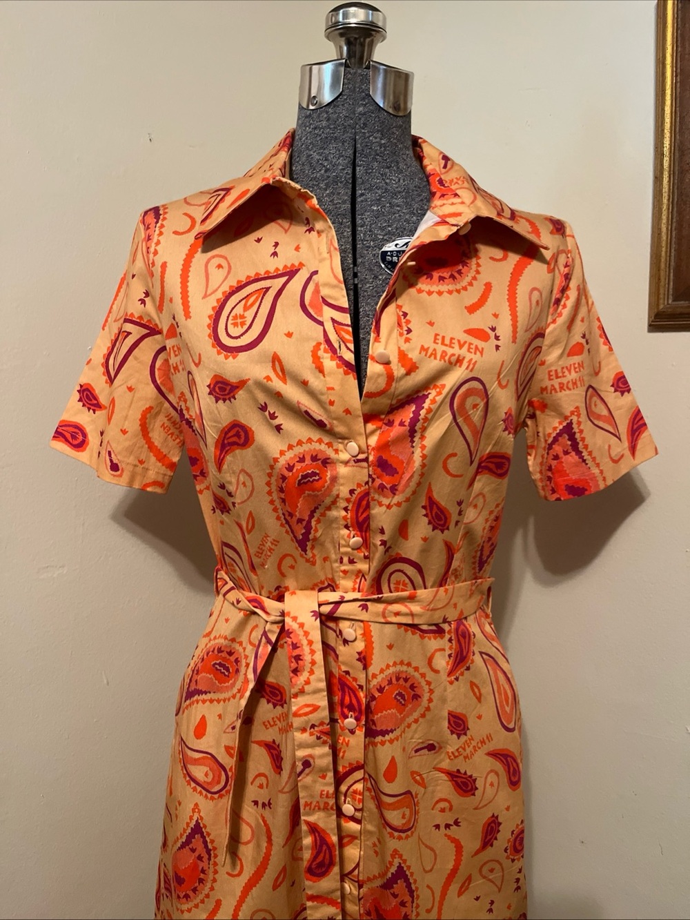 NWT March 11 Eleven Paisley Print Short Sleeve Collared Shirt Dress Midi Medium
